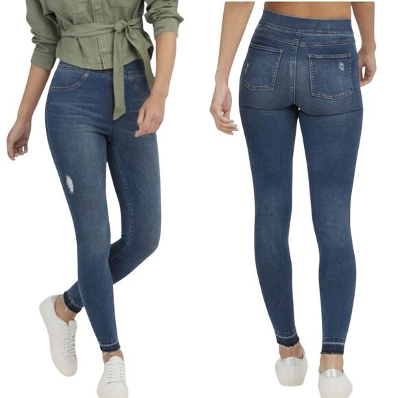 Spanx Distressed Denim Jeans Stretch Ankle Skinny Frayed Medium Wash Pull On XL - Picture 1 of 11